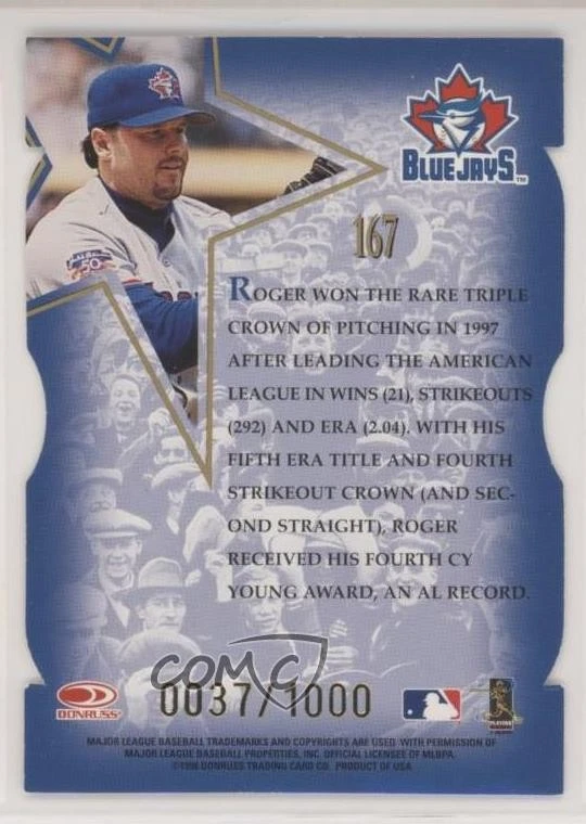 1998 Leaf Fractal Foundation Gold Star Materials Die-Cut /100 Roger Clemens #167 - Image 2 of 2