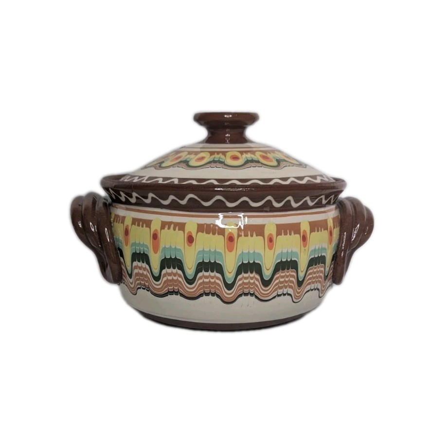 Vintage Bulgarian Troyan Pottery Lidded Casserole Dish Folk Art Bowl