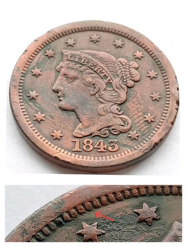 Photo of a 1843-P Large Cent from an eBay listing that sold on Jul 18, 2026