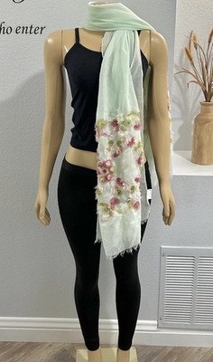 2 CHIC Womens Wide Shawl Floral Sheer Scarf Soft Pastel Green Mint Wrap Scarf