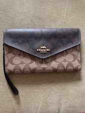 Coach Brown Logo Wristlet Wallet Women's Credit Card Folding Checkbook Strap