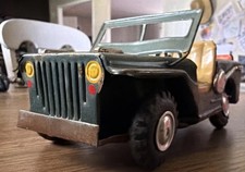 Vintage Tin Toy Jeep Vehicle Green W Tan Seats Spare Tire Red Jerry Can