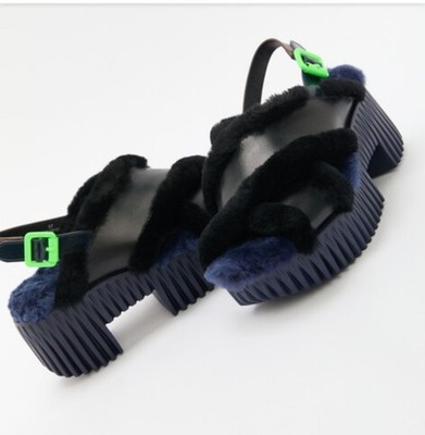 4CCCCEES Plia Puffy Sandal Platform Leather Faux Fur 8.5 Sculptural Comfort $356