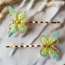 Blue Green  Gold Butterfly Hair Pins