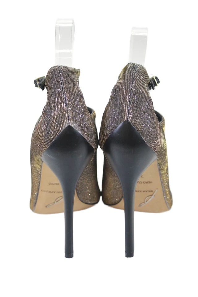 B Brian Atwood Womens Stiletto Ankle Strap Metallic Peep Pumps Silver Gold 7.5 - Image 3 of 4