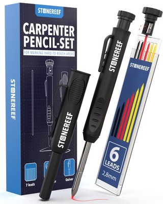 Carpenter Pencil Set with Sharpener & 7 Refills   Deep Hole Marker Mechanical...