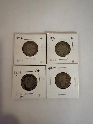 Silver Barber Quarters (Lot of 4) 1892 1892-O 1909-D 1914-D