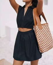 By Anthropologie Short-Sleeve Cutout Mini Dress Solid Black Resort M NEW 275812