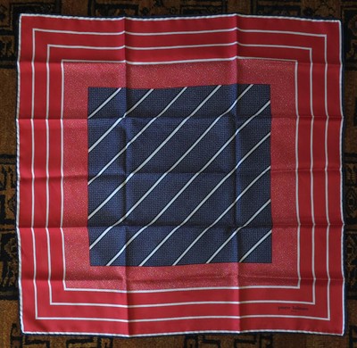 PIERRE BALMAIN PARIS SILK SCARF SQUARE GEOMETRIC RED & BLUE 26x26 ROLLED HEM