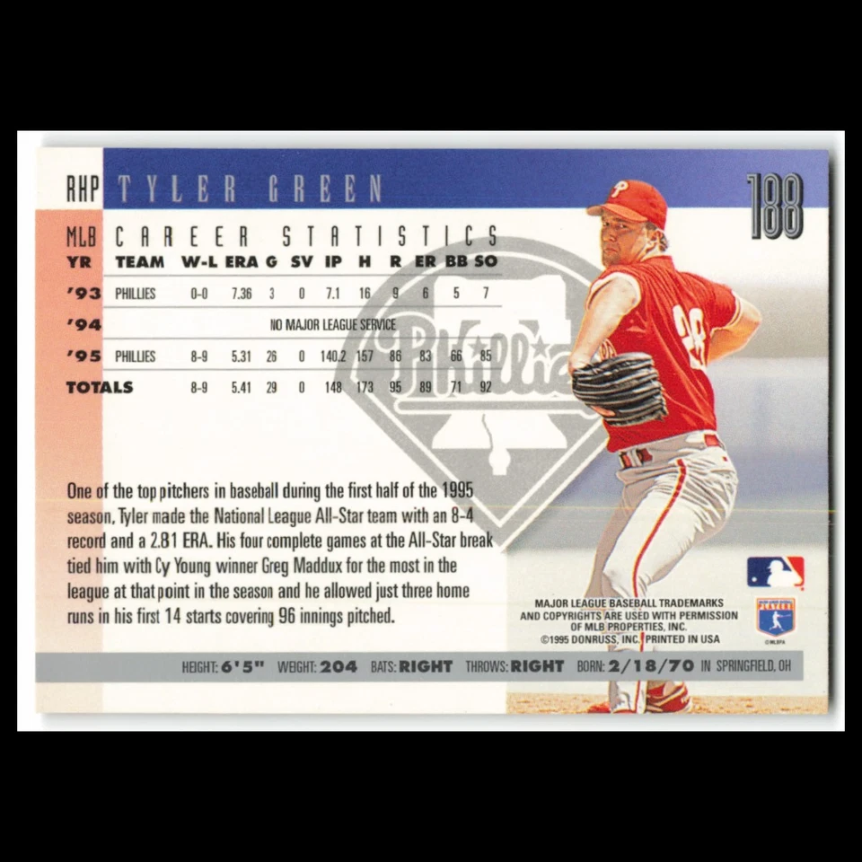 Tyler Green #188 1996 Donruss Philadelphia Phillies Baseball Card MLB NM - Image 2 of 3