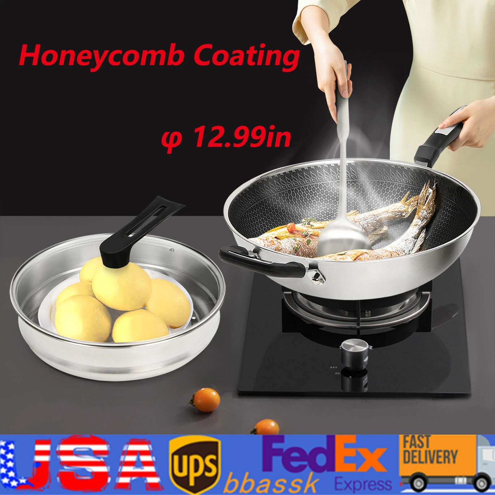 Large Honeycomb Wok Pan with Lid & Stainless Steel Steamer Cooking Pot Nonstick