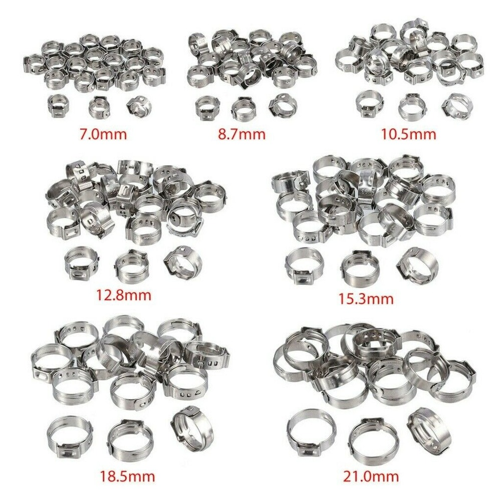130 PCS Adjustable 7-21mm Hose Clamps 304 Stainless Steel Single Ear Clamp Rings
