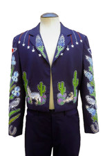 Men 2Pc Cactus Leaf Embroidered Rhinestone Western Cowboy Retro Wedding Outfits
