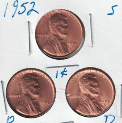 1952-D+P+S Brilliant Uncirculated Copper One Cent Coins!