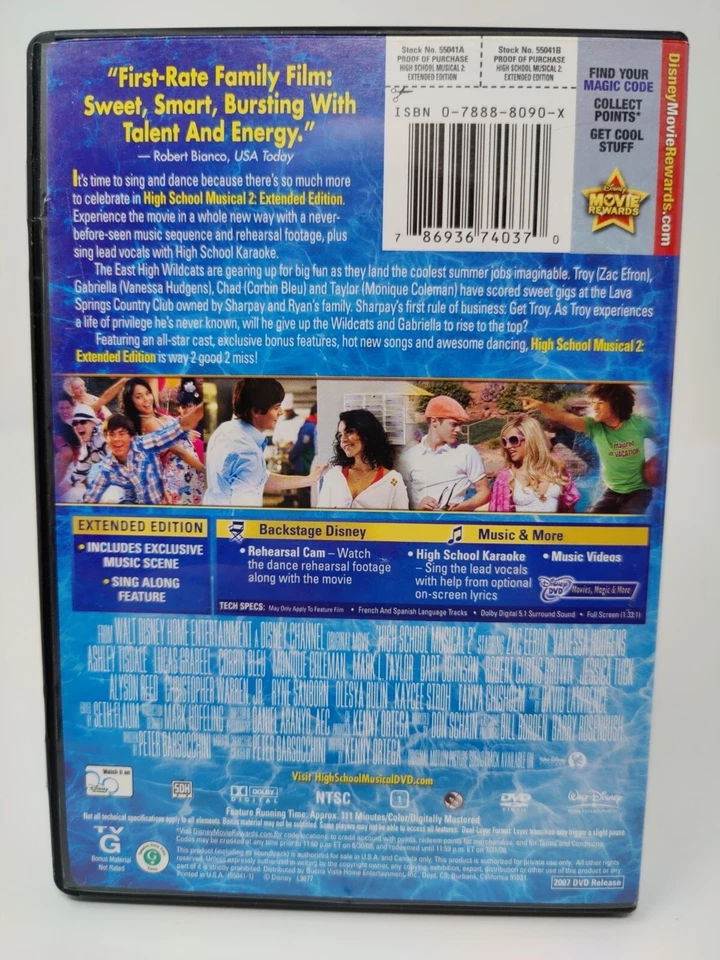 High School Musical 2 DVD 2007 Vanessa Hudgens Zac Efron Disney Musical/Dance - Image 2 of 3