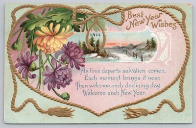 New Year Wishes Gold Heart of Rope Wish-bone Flowers Winter Scene Poem ...