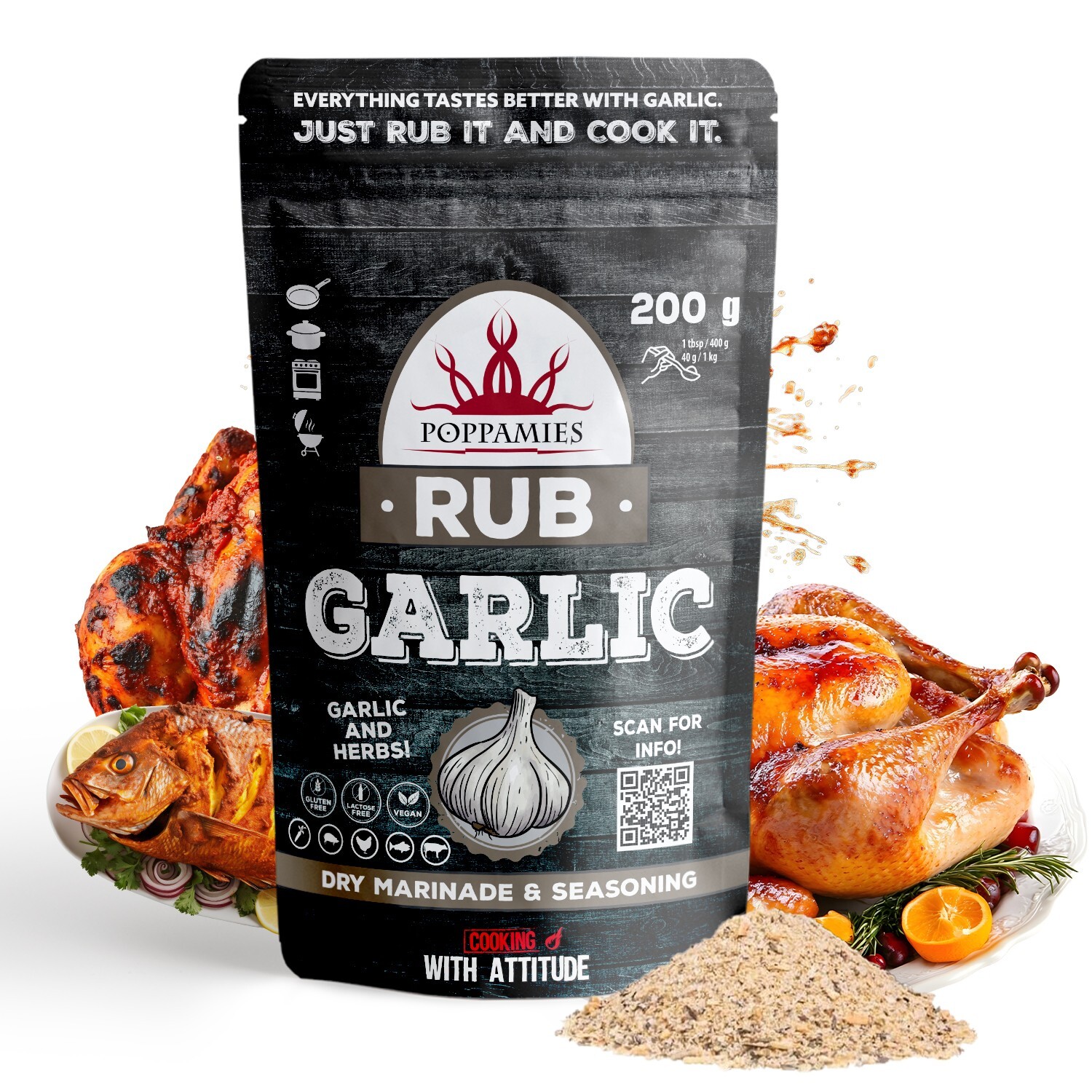 Garlic BBQ Rub Poppamies Dry Marinade Seasoning For Chicken Pork - 200g Pack
