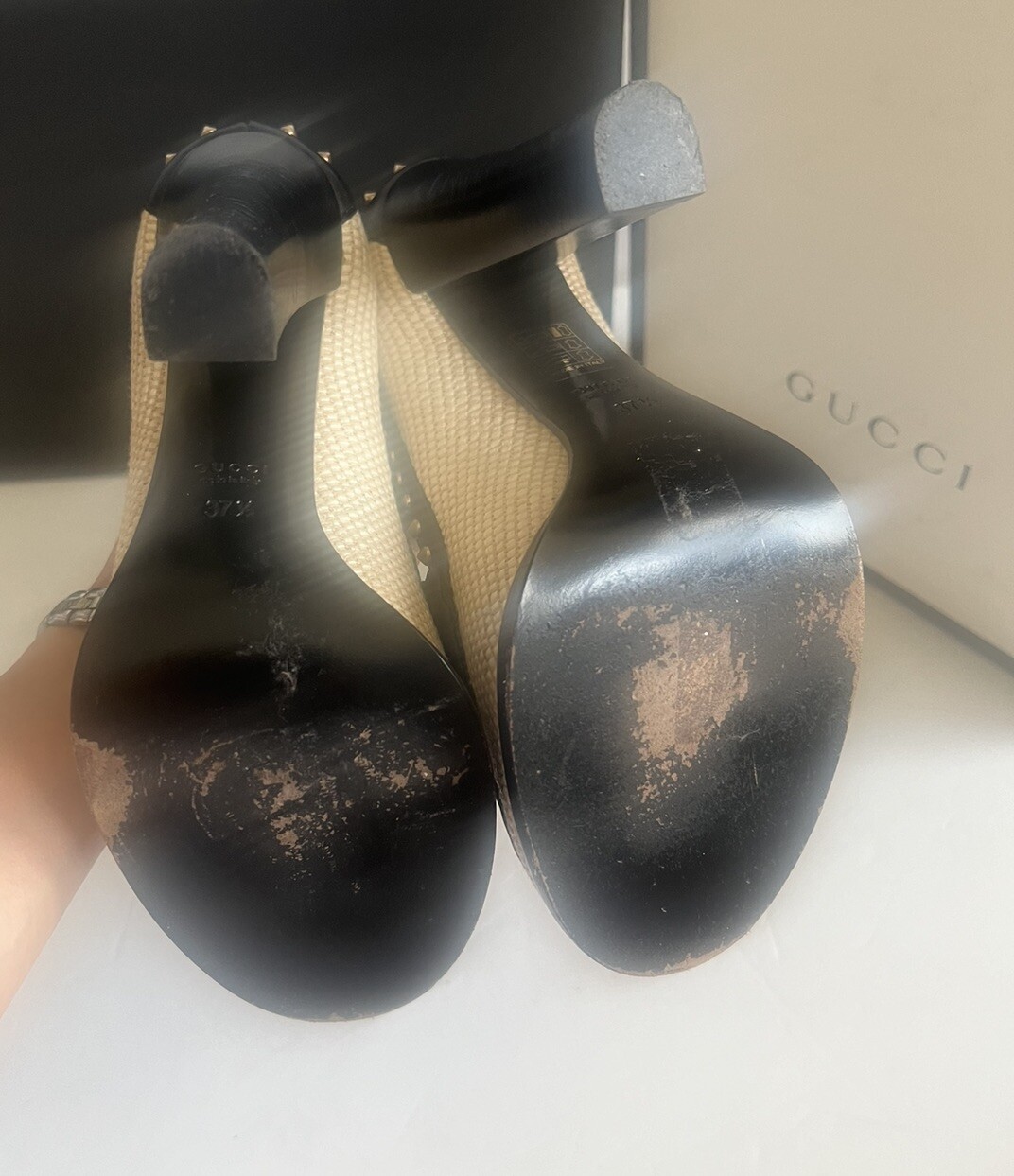 GUCCI Rare 60Th Anniversary Tag Horsebit Stud Black & Ivory Pumps Loafers SZ 7.5 image 6