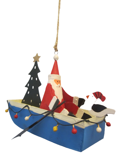 Shoeless Joe Metal Santa in Boat Hanging Christmas Tree Decoration with Twine