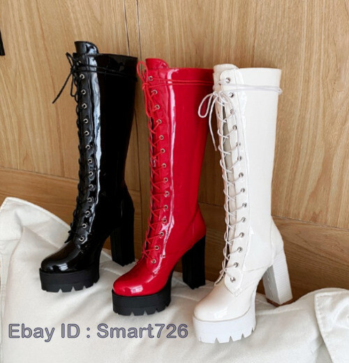(未使用･未開封品)　Brenda’s best lok26k6 Patent Leather Knee High Boots Lace Up Platform Block Heels