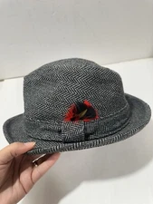 Capas Headwear Tweed Black White Gray Godfather Hat 7 1/8 Red Feather Gorgeous