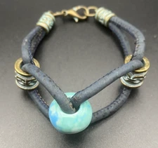 Boho Bracelet Patina Copper Blue Green Glass Bead Indigo Cord 6.5"  Ethnic Stack
