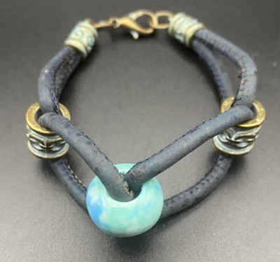 Boho Bracelet Patina Copper Blue Green Glass Bead Indigo Cord 6.5''  Ethnic Stack