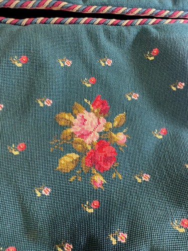Vintage Needlepoint Pillow Covers Shams Green Floral GORGEOUS Plaid Back 17x20" - Picture 4 of 10