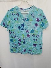 02 Scrubs Blue Purple Floral  Envelope Letters Scrub Top, Size Medium