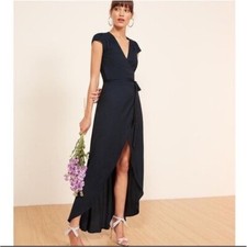 Reformation navy cap sleeve chamomile wrap dress