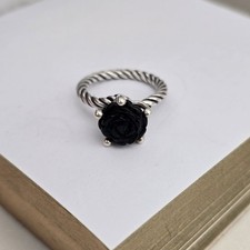 Pandora Silver & Black Onyx Rose Flower Twist Ring Size 53