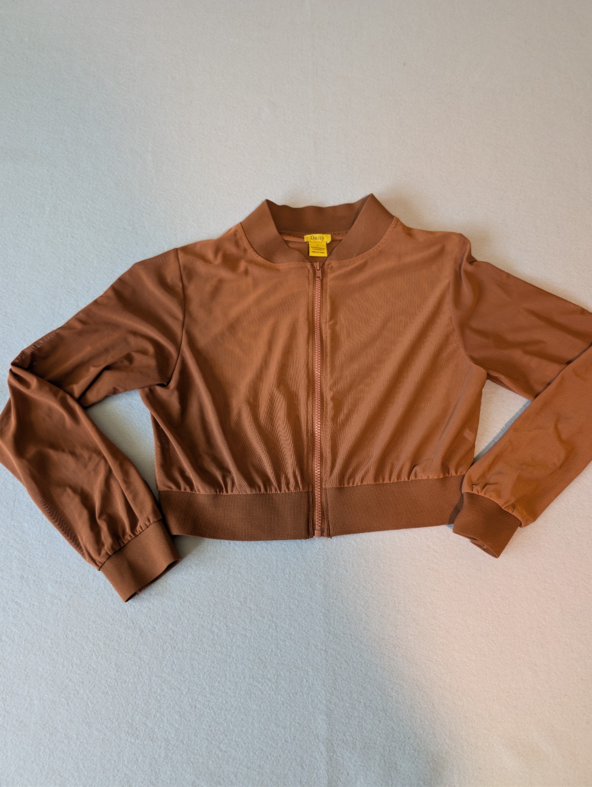 Brown Neutral Mesh Zip Up Cropped Jacket Yoga Bomber Gym Street Style image 4