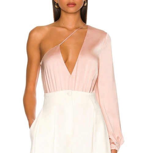 NBD Blush Pink Satin Bodysuit Top SMALL Balloon Sleeve Asymmetrical Greer NEW