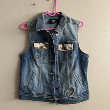 Harley Davidson Women  s Camo  Studs Accent Distressed Blue Jean Denim Vest sz S