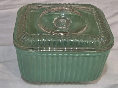 Vtg Anchor Hocking Ribbed Refrigerated Dish Green 5"x4.5"