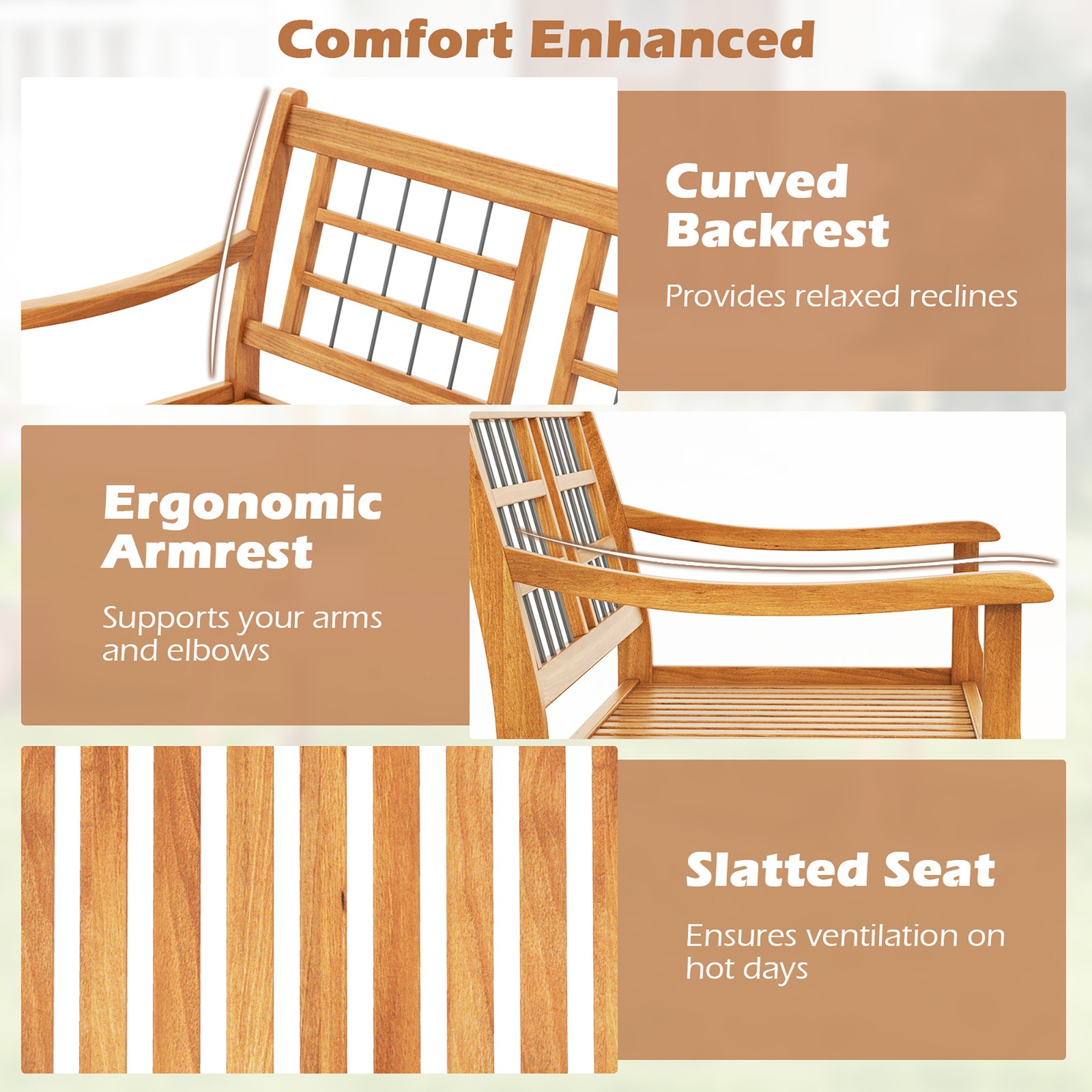 Outdoor Acacia Wood Bench 2-Person Patio Bench w/ Slatted Seat & Backrest