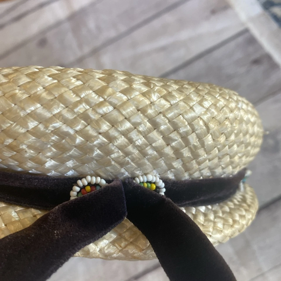 Vintage  Straw Pillbox Woven Hat Braided 50s 60s Velvet Ribbon With Beads 22 MSC - Image 4 of 4