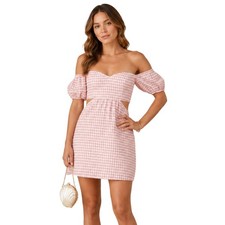 Reformation Dress Womens 2 Pink Emilia Gingham Linen Cutout Puff Sleeve Mini