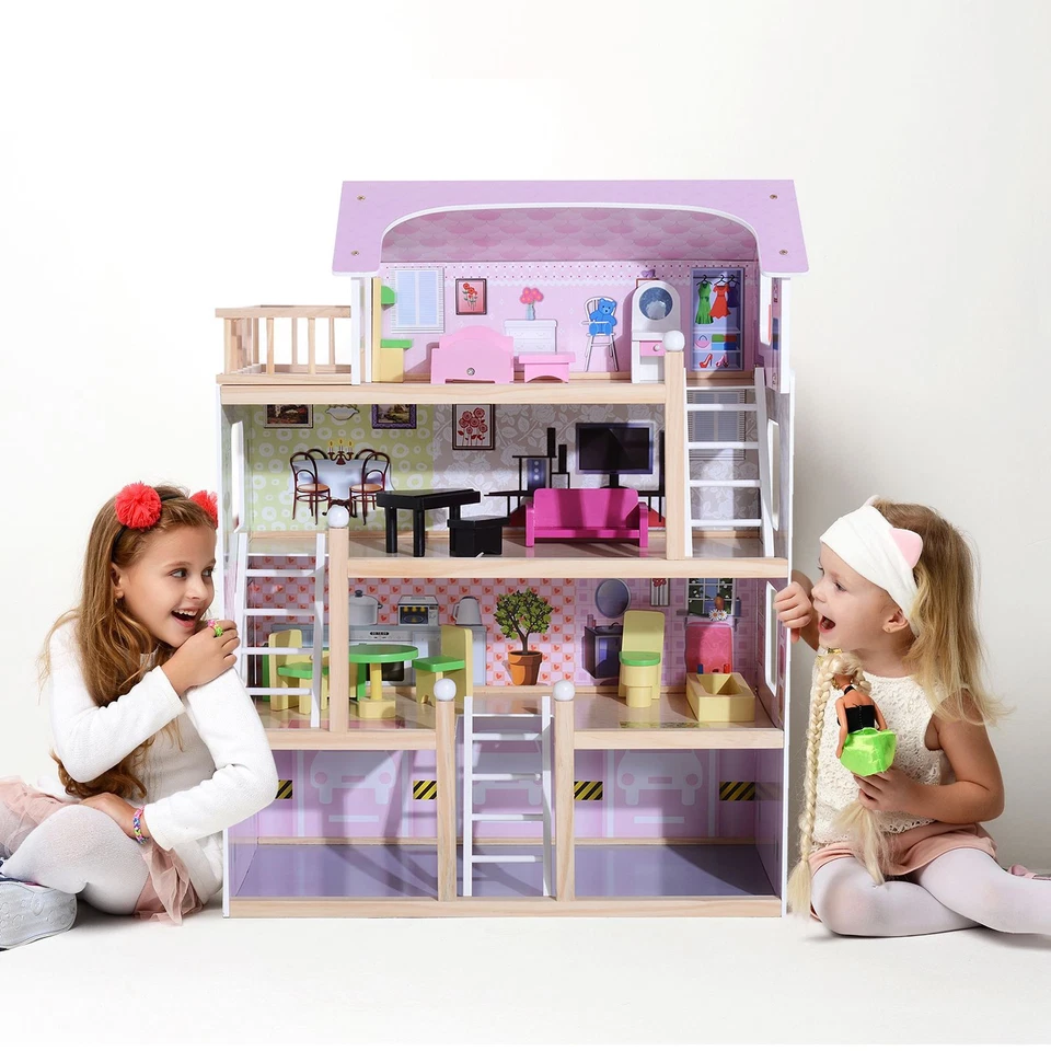 HOMCOM Casa delle Bambole in Legno 4 Piani con 13 Accessori per Bambini 3+ Anni - Immagine 2 di 4