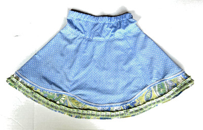 Girls handmade ''double'' skirt, size 5/6, blue w/dots, blue/green print