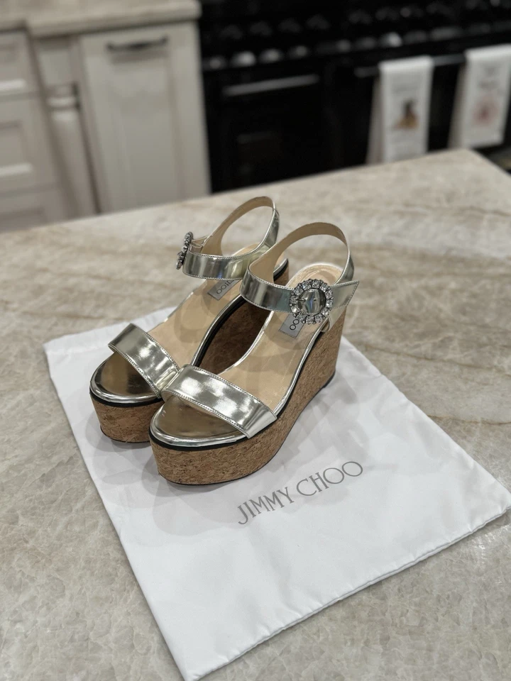 Jimmy Choo “Nylah” Metallic Silver Cork Platform Crystal Buckle Sandal 38EU/8US - Image 4 of 4