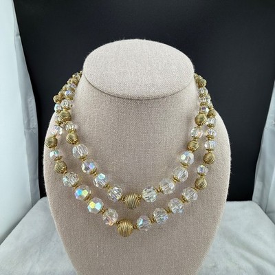 Vintage Aurora Borealis Crystal Necklace Gold Tone Layered 15 