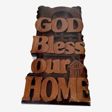 GOD BLESS Our HOME Vintage Religious CHRISTIAN Hand Carved Wood 17x8 Sign Plaque