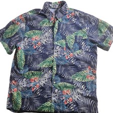 IZOD Saltwater Shirt Mens XL Blue Tropical Floral Short Sleeve Button Up Casual