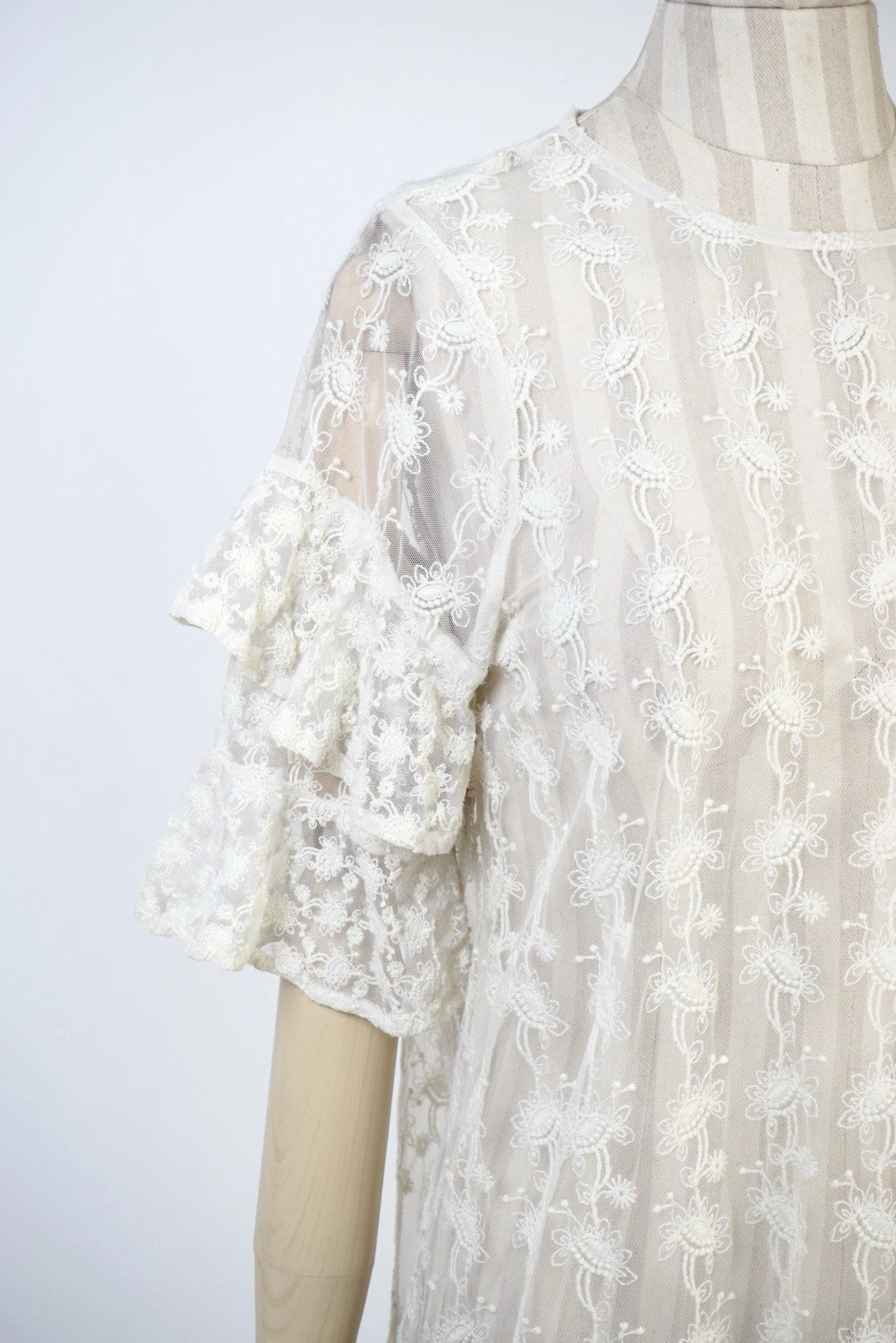 OFF WHITE Mini abito Allsaints bianco pizzo maniche medie volant floreale foderato trasparente