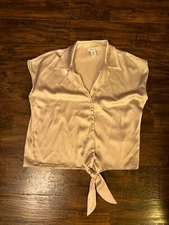 RACHEL Zoe Woven Boho Top Button Shirt Peasant Blouse Satin Champagne Small