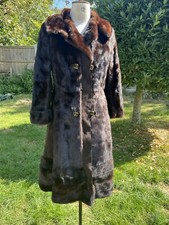 VINTAGE MINK FUR COAT SUEDE PANELS BROWN MIDI FIT & FLARE SIZE 10/12 COLLAR 60S