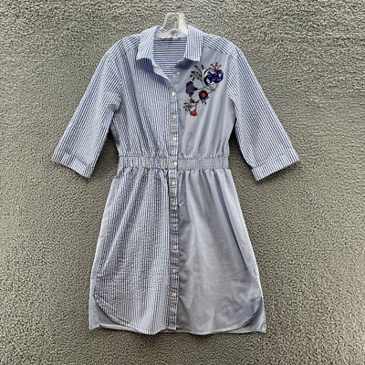 Koton Dress Womens 10 Blue Striped Preppy Classic Floral Detail Shirt Dress