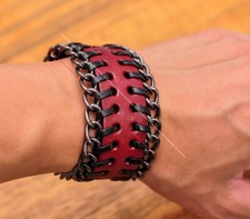 Punk Biker Metal Chain Braid Decor Red Wide Wrap Leather Bracelet Wristband Cuff