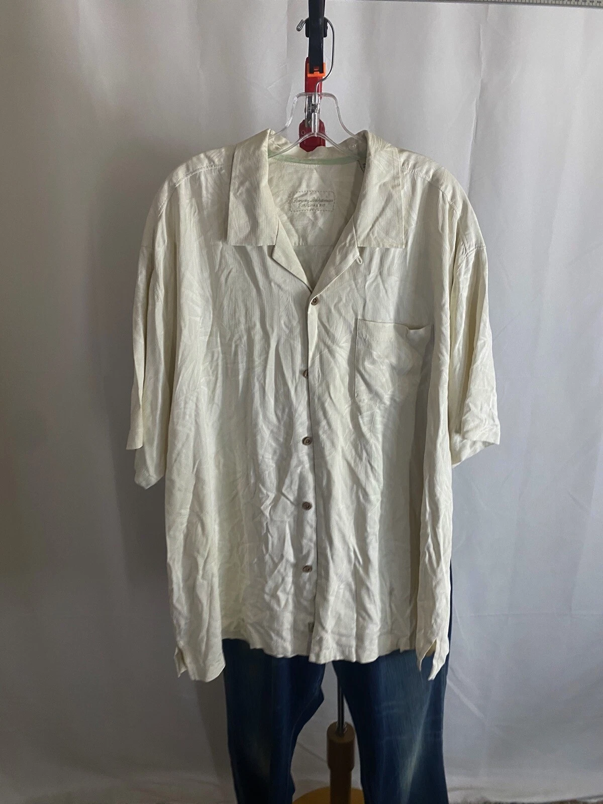 Tommy Bahama 100% Silk Creme Floral SHORT SLEEVE BUTTON UP SHIRT XLX Length 33